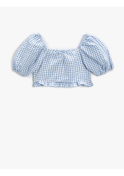 Koton Crop Bluz Kareli Kısa Balon Kollu Mavi Ekose 2skg60001ew