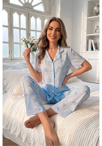Bella Notte Mavi Soft Fiyonk Desenli Yazlık Pijama Takımı