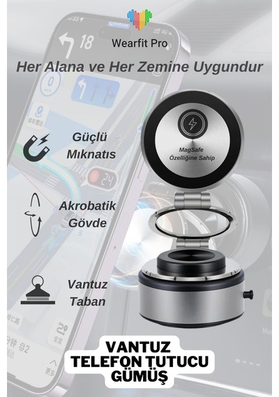Wearfitpro Magsafe Özellikli Güçlü Mıknatıslı Vantuz Telefon Tutucu Ev Araç Her Zemine Uygun Telefon Tutucu Gri