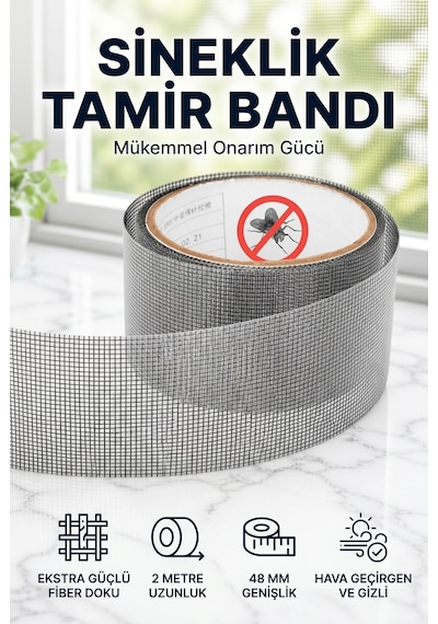 Sineklik Tamir Bandı 48 Mm X 2 Metre Yapışkanlı Sineklik Yaması Tül Onarım Bandı -