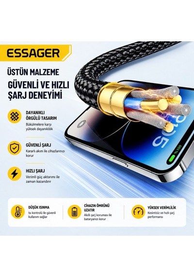 Essager Usb-c To Lightning 29w Hızlı Şarj Ve Data Kablosu 480 Mbps Veri Aktarımı, Dayanıklı Örgülü Kablo 1 Metre