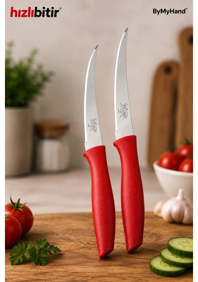 Bymyhand Paslanmaz Çelik Kırmızı Meyve Bıçağı Soyma Bıçağı Dilimleme Bıçağı 2'li Set
