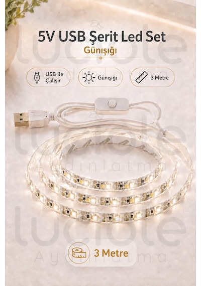 3 Metre 5v Usb Günışığı Şerit Led Anahtarlı Mutfak Tezgah Altı Tv Masa Kamp Led Işık