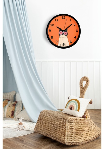 Kedi Tasarım Modern Duvar Saati - Çocuk Odası Duvar Saati - 25cm - Önü Camlı Siyah Kasa-jh1120 Siyah