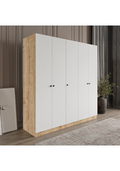 Afilli Yıldız 5 Kapaklı 2 Çekmeceli Giyinme Dolabı Tamamı Mdf Led Askılıklı Beyaz - Safir Meşe