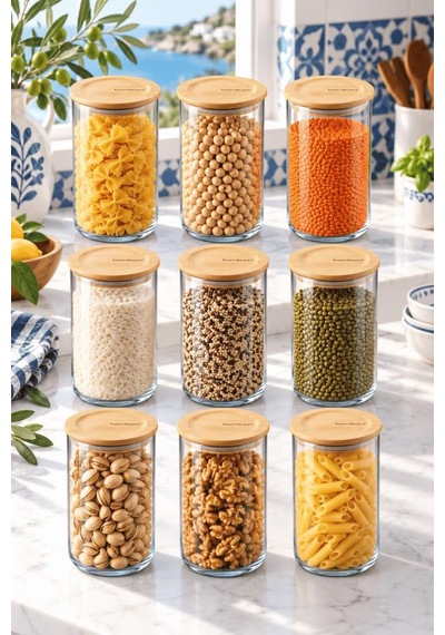 Bambum Duo 9'lu Bambu Kapaklı Cam Erzak Kavanozu Seti 1300 Ml - Vakumlu Kiler Bakliyat Ve Baharat Saklama Kabı Ahşap - Şeffaf