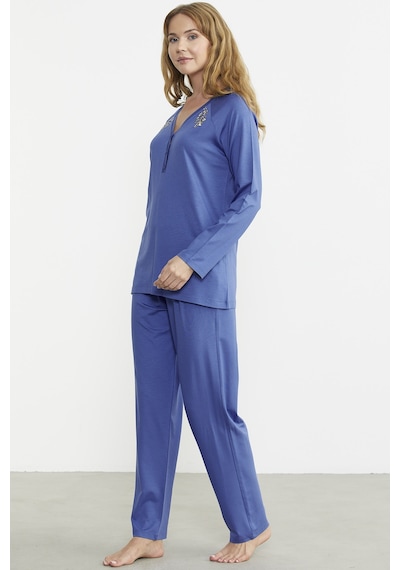 Sementa Nakış Detaylı Düğmeli Pijama Takım - Mavi Mavi