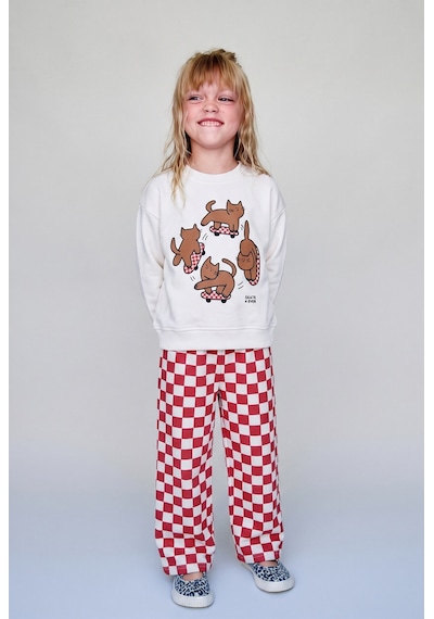 Magu Kız Çocuk Kedi Baskılı Ekru Sweatshirt Ve Kırmızı Dama Desenli Eşofman Takımı Çok Renkli