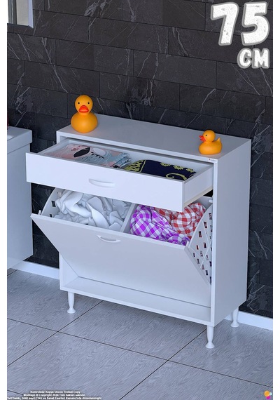 Emir 75 Cm 2 Gözlü Kirli Çamaşır Sepetli Ve Çekmeceli Çok Amaçlı Banyo Dolabı 75 Cm