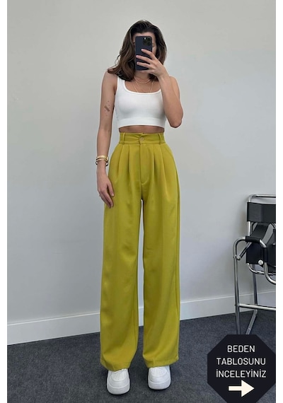 Trend Alisse Alisse Pileli Kumaş Palazzo Kadın Pantolon Yağ Yeşili