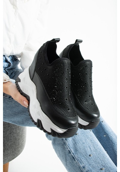 Dabab Shoes Olıvıa Siyah Taş Detaylı 10 Cm Gizli Topuk Platform Slip-on Sneaker Ayakkabı