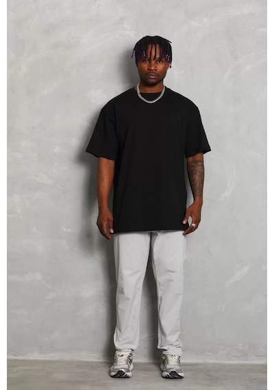 Unisex Oversize Düz Bisiklet Yaka T-shirt - Siyah 001