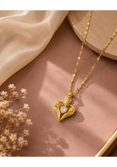 14k Altın Kaplama Zirkon Taşlı Melek Kanadı Kalp Kolye - Romantik Kadın Kolye