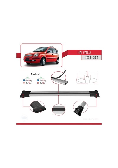 Fiat Panda 2003-2012 Arası İle Uyumlu Fly Model Ara Atkı Tavan Barı Gri