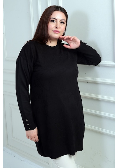 By Saygı Kadın Kolları Düğme Detaylı Gül Desenli Büyük Beden Tunik Bluz Siyah