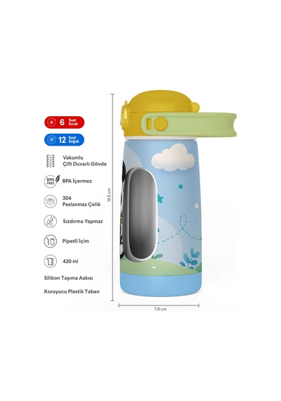 Puccon Çocuk Çelik Matara Termos 304 Paslanmaz Çelik Pipetli 420 Ml - Siyah Beyaz - Panda - 60042 Çok Renkli