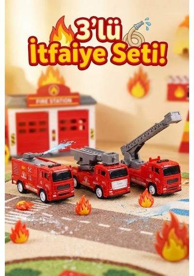 3'lü Metal Çek Bırak İtfaiye Araba Seti - Dayanıklı Diecast Oyuncak İtfaiye Araçları