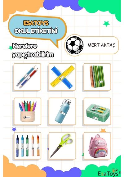 Futbol Topu Temalı Özel İsminiz Yazılı Okul Etiketi Diğer
