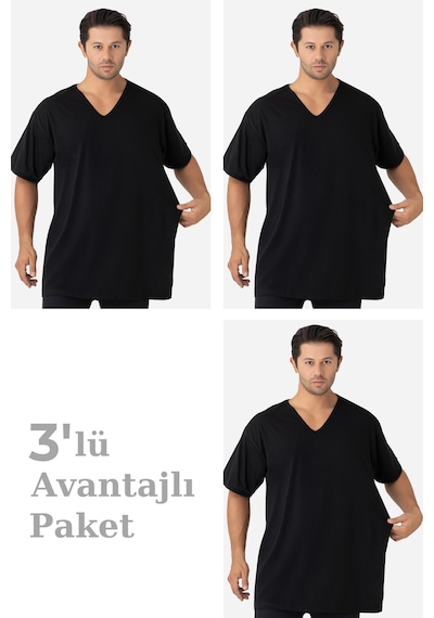 Arma Yıldız 3'lü Paket Siyah Erkek V Yaka Kısa Kollu Büyük Beden Tişört %100 Pamuklu Penye Siyah Melanj