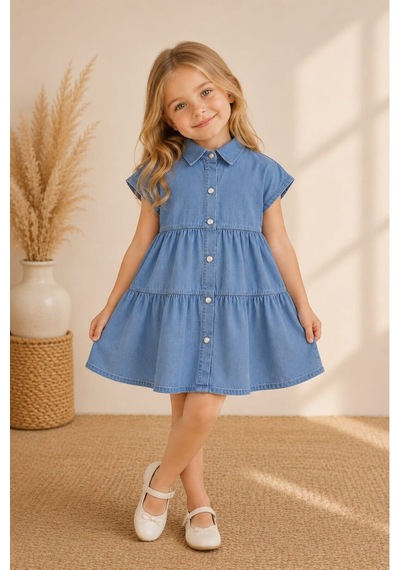 My Kids Wear Mia Düğmeli Denim Kız Çocuk Elbise 12833 Buz Mavi