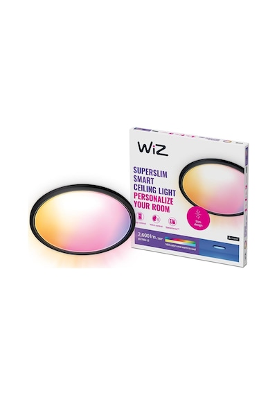 Wiz Superslim 22w Siyah Sıva Üstü Rgb Akıllı Led Yuvarlak Panel Tavan Armatürü 42 Cm Çapında 2600 Lumen Renkli