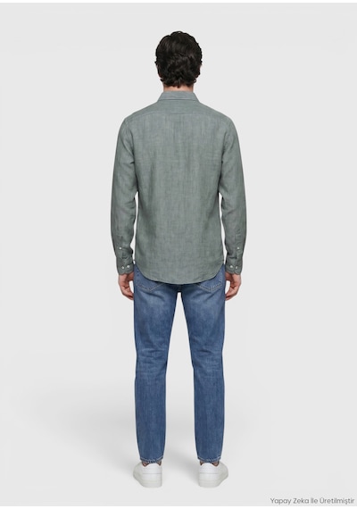 Ramsey Koyu Yeşil Düz Casual Fit Uzun Dokuma Casual %100 Keten Gömlek