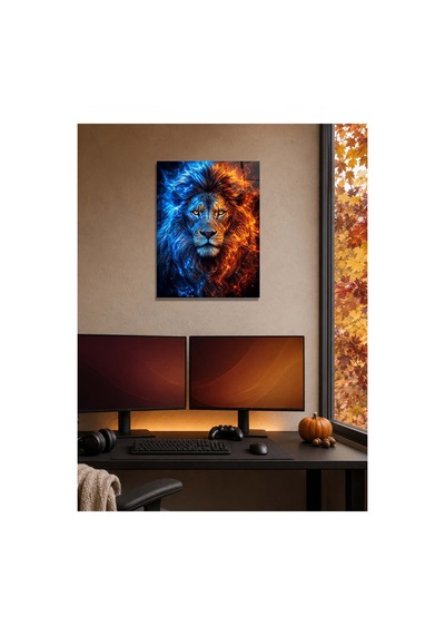 Ateş Ve Buz Aslan A3 Metal Poster Mavi Turuncu Alevli Aslan Portresi Dekoratif Duvar Tablosu Çok Renkli - 937547502 Çok Renkli - 937547502 Çok Renkli