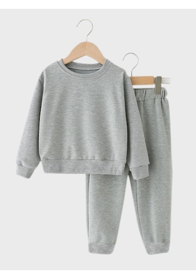 Fyk Kids 2'li Düz Yuvarlak Yaka Unisex Eşofman Takımı Siyah - Gri
