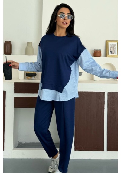 Ded Collectıon Kadın Çizgili Uzun Kollu Gömlek Detaylı Yuvarlak Yaka Sweatshirt Modal Takım Lacivert Ded Collectıon Kadın Çizgili Uzun Kollu Gömlek Detaylı Yuvarlak Yaka Sweatshirt Modal Takım Lacivert