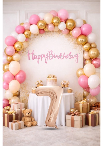 7 Yaş Pompa Hediyeli Doğum Günü Seti Banner Gold Pembe Kum Beji Beyaz Balonlar Rose Gold Rakam Çok Renkli