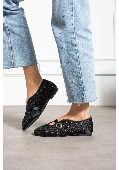 Shoetek Kewin Kadın Babet Önden Bantlı Full Taşlı Siyah Siyah