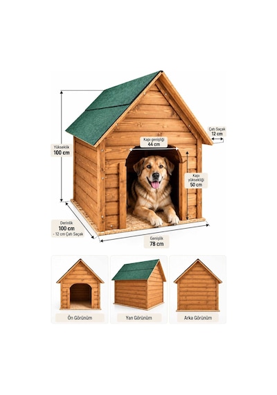 Reyo Büyük Boy Köpek Kulübesi, Lambiri Ahşap Şıngıl Çatılı Soğuk ve Rüzgara Dayanıklı Köpek Evi Demonte 100 x 100 x 78 CM