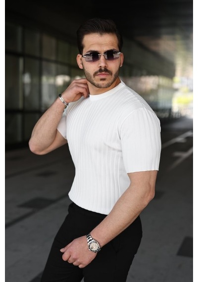 Erkek Fitilli Bisiklet Yaka Kısa Kollu Tişört Beyaz