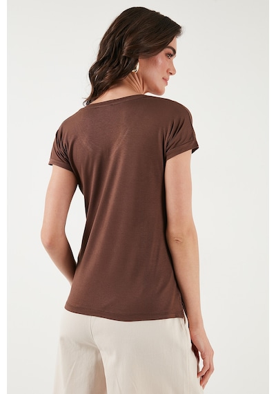 Lela V Yaka Relaxed Fit Yırtmaç Detaylı 2'Li Paket Bayan Bluz 5862000S2 Ekru-Kahve