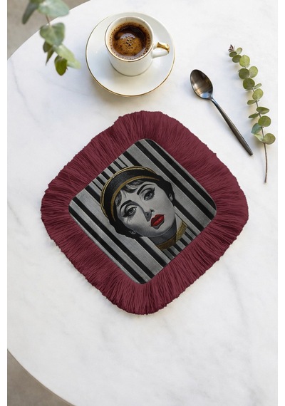 Lüks Portreli Saçaklı Sunum Peçetesi - Sanatsal Glam Retro Bordo Altın Renkli Bardak Altlığı Mendil Çok Renkli