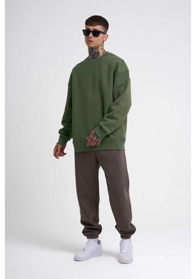 Erkek Bisikilet Yaka 3 İplik Pamuklu Sweatshirt - Haki