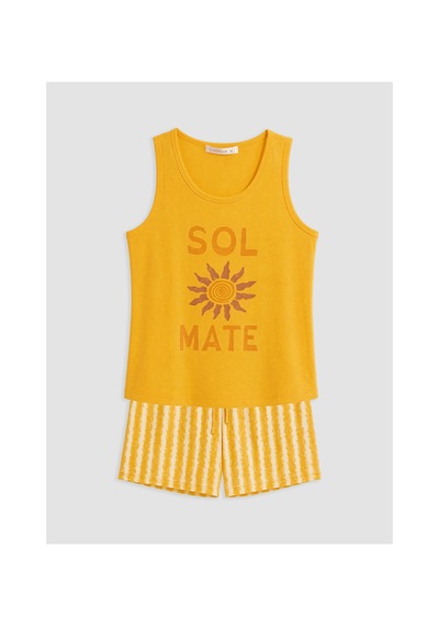 Lcw Dream Sarı U Yaka Baskılı Kadın Şortlu Pijama Takımı