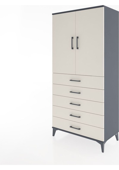 Hyperion Dolap 2 Raflı 5 Çekmeceli 2 Kapaklı 88x44x182 Antras... Antrasit