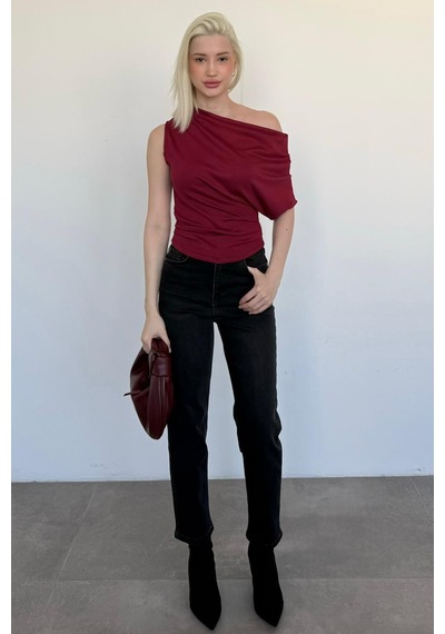 Bordo Tek Omuz Modern Kesim Şık Kadın Bluz Mg2669 bordo