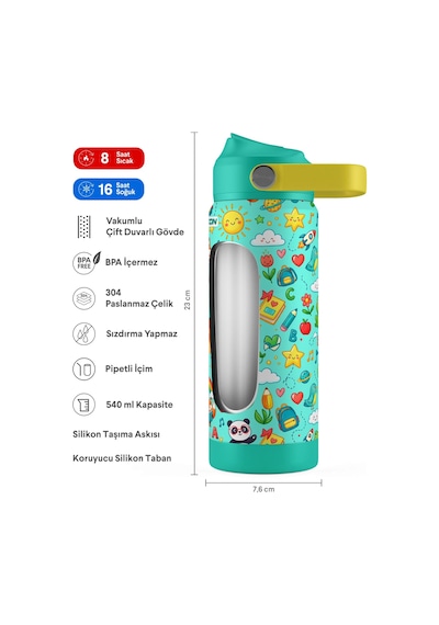 Puccon 540 Ml Sevimli Karakter Baskılı Yeşil Erkek Çocuk Pipetli Çelik Termos Matara/suluk - 60058