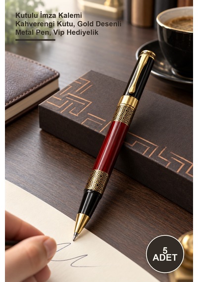 5 Adet Desenli Metal Roller Kalem Kutulu İmza Kalemi Kahverengi Kutu, Gold Desenli Metal Pen, Vip Hediyelik 1