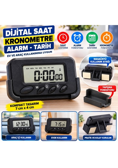 Ev Ve Araç Tipi Dijital Saat Kronometreli Alarmlı Pilli Saat Altın