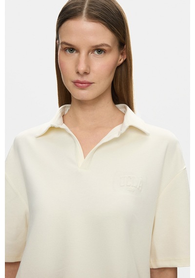 Ucla Yosemae Kemik Rengi Polo Yaka Baskılı Yumuşak Dokulu Modal Kumaş Loose Fit Kadın Tshirt