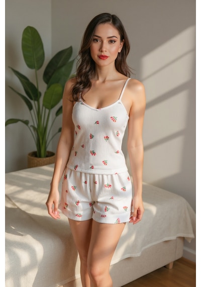 Bella Notte Ekru Askılı Üst & Çiçek Desenli Şortlu Yazlık Pijama Takımı