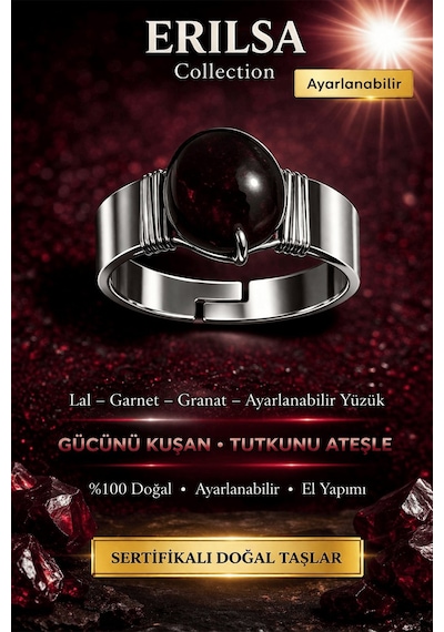 Sertifikalı Lal Garnet Granat Taşı Yüzük Doğal Taş Ayarlanabilir Çok Renkli