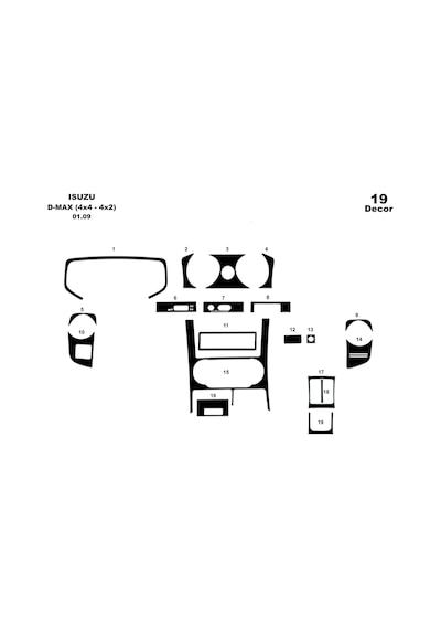 Isuzu D Max Çift Kabin 4x4 Torpido Kaplama 2005-2006 6 Parça Piano Black