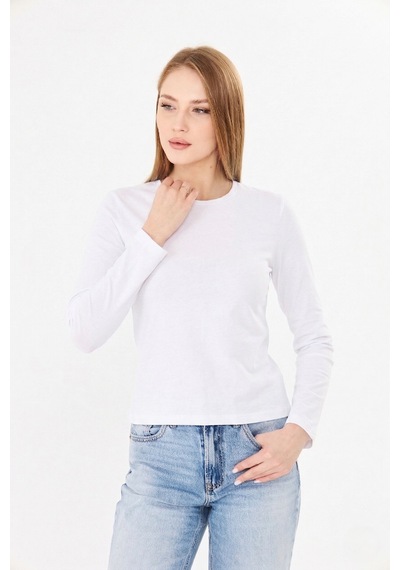 Sortie Collection Bisiklet Yaka Pamuklu Uzun Kollu Basic Penye Tişört Bluz Ekru