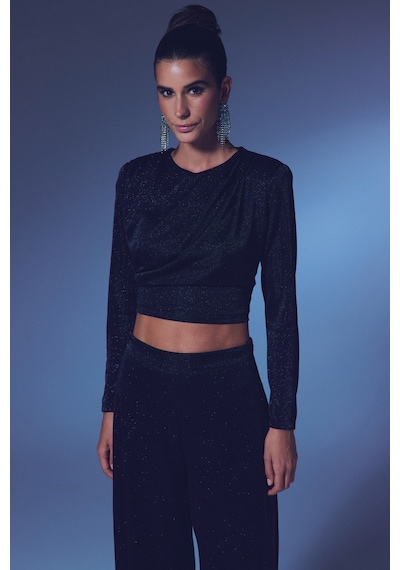 Sateen Vatkalı Simli Bluz - Siyah-135321 Siyah