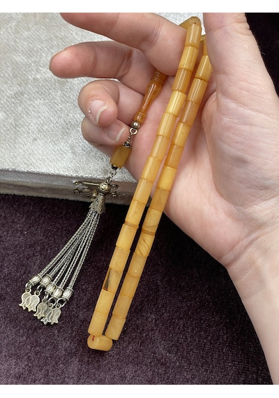 Alpaka Lale Uçlu Kesme Bal Sarısı Sıkma Kehribar Tesbih 7x11 Mm Sarı