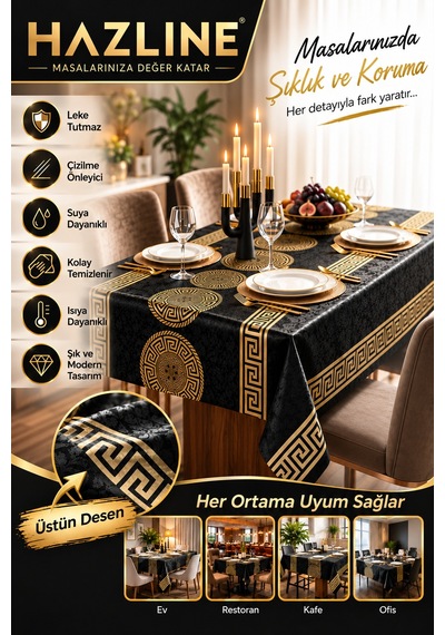 Siyah Gold Desenli Masa Örtüsü Leke Tutmaz Sıvı Geçirmez Şık Dikdörtgen Yemek Masası Örtüsü Gold - Siyah